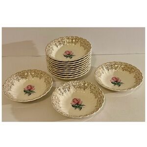American Limoges Le Fleur Rouge Set 13 Berry Bowls 5.5” Gold Trim Vintage